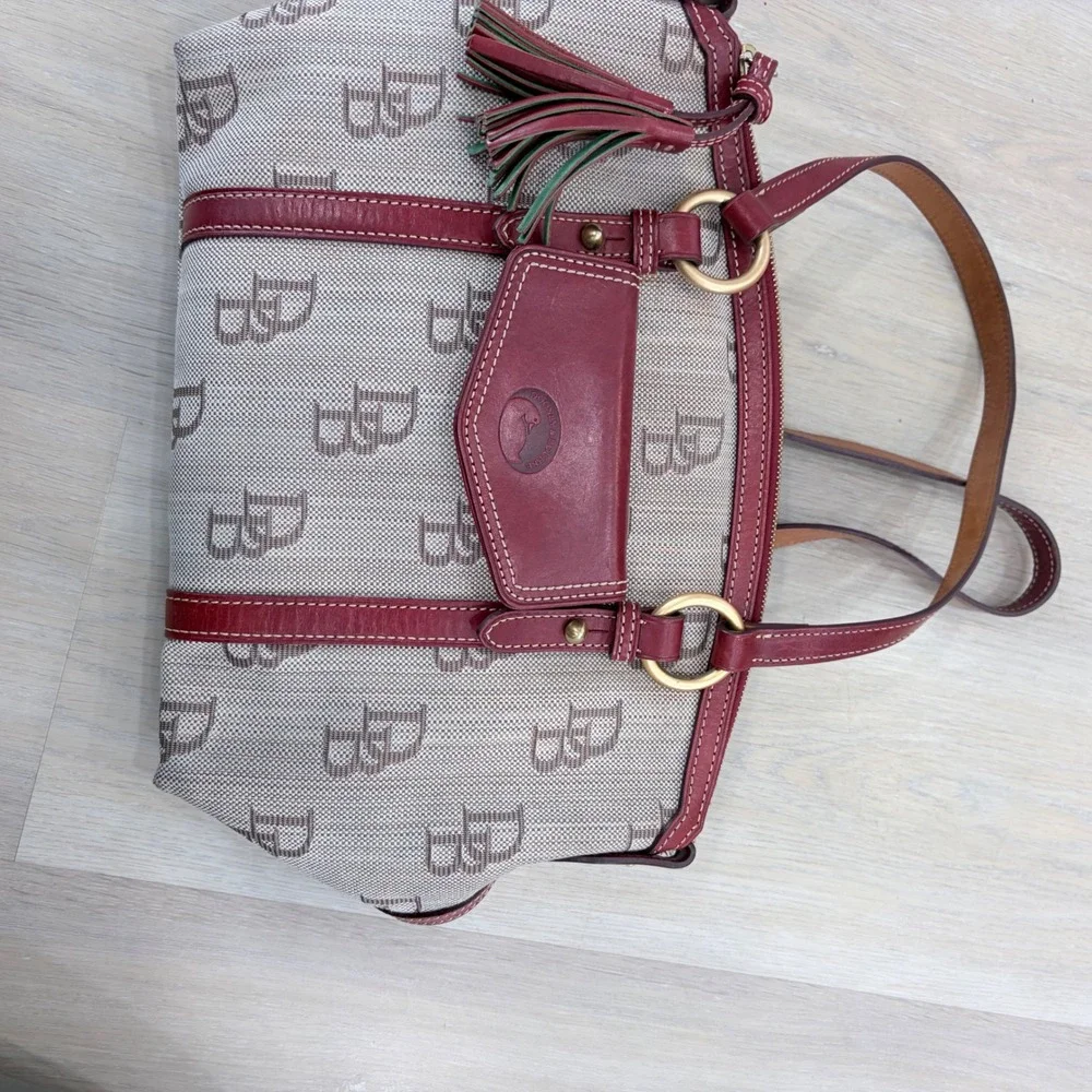 Dooney & Bourke Signature Monogram Canvas Satchel Burgundy Leather Trim 33906721